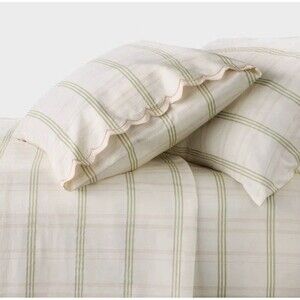 Threshold Full 300 Thread Count Plaid Sheet Set Scalloped Edge Cream/Green NEW